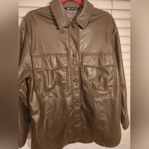 Zara Women's Olive Green Faux Leather Jacket Small